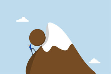 Hard work like pushing boulder uphill, entrepreneur rolling a boulder upward to the summit of a mountain.  © dwara