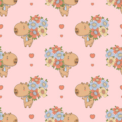 Seamless Pattern with Cute Capybara Holding Bouquet of Flowers on Pink Background with Hearts. Vector illustration. Kids collection