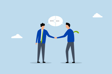 Success communicate, businessmen shaking hands with a communication speech bubble puzzle. 