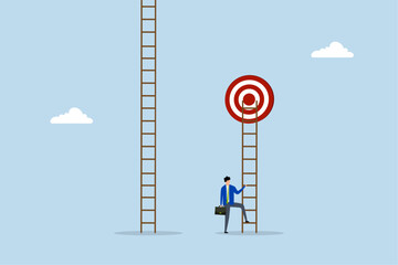 Focus on short term goal to achieve long term success, clever entrepreneur preparing to ascend the ladder to reach immediate objective.  © dwara