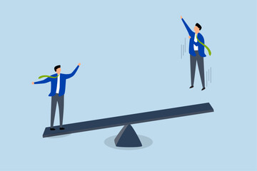 Manager support, entrepreneur supervisor leap onto seesaw assist coworker leap high to achieve goal. 