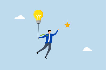 Creativity or innovation to help reach business goal, clever entrepreneur soaring with innovative concept to seize star in heavens. 