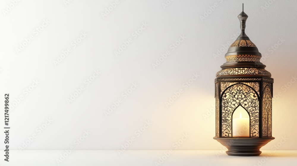 Poster elegant decorative lantern with intricate patterns casting a soft glow in a minimalist setting perfe