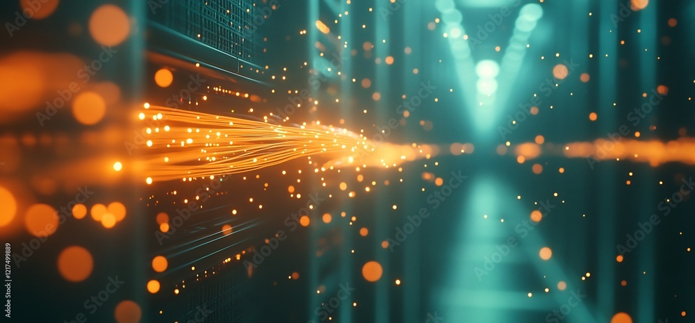 Poster abstract digital network with glowing orange lines connecting nodes in turquoise space