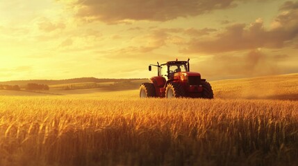 Obraz premium Golden Hour Harvest: Tractor in a Wheat Field