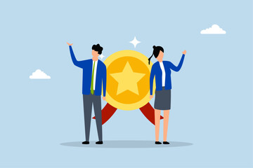 expert who success and win award, Accomplished business man and woman professionals pose with star recognition award. 