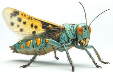 Fototapeta premium A vibrant, stylized illustration of a large, colorful grasshopper.