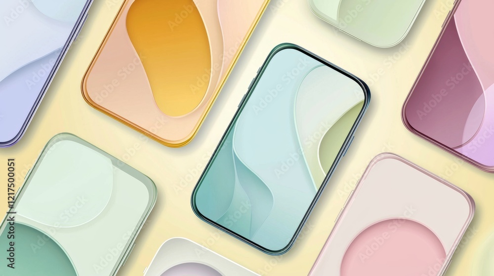 Aufkleber modern smartphones with vibrant pastel colors and abstract wave designs are displayed on a yellow ba