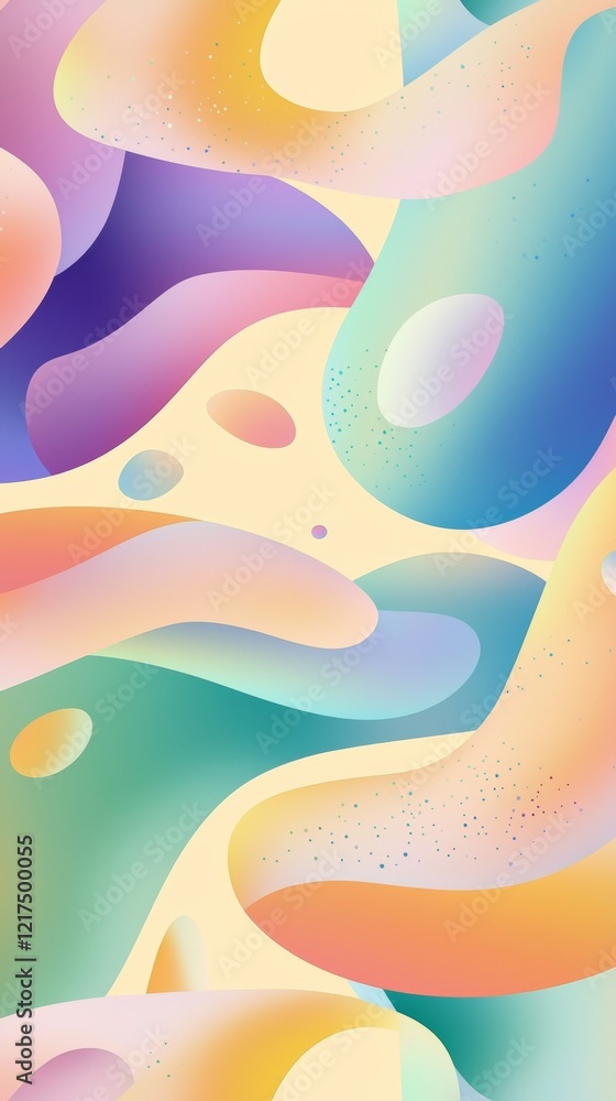 Poster smooth, overlapping, multicolored blobs create an abstract pastel background, enhanced by a subtle n
