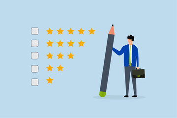satisfaction feedback, considerate entrepreneur gripping pencil to assess star reviews.