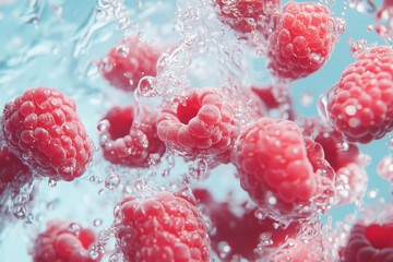 Fresh raspberries splashing in clear water creating a refreshing and vibrant scene