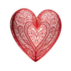 A large vibrant red heart with an intricate lace pattern design