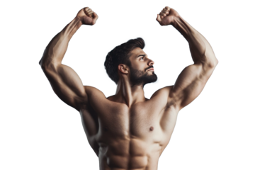 Muscular man flexing in a powerful pose with a confident expression and strong physique