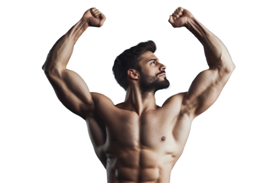 Muscular man flexing in a powerful pose with a confident expression and strong physique