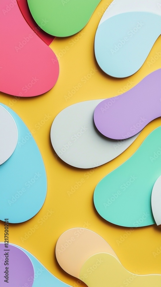 Poster colorful abstract shapes are creating a lively and dynamic composition on a yellow background, captu
