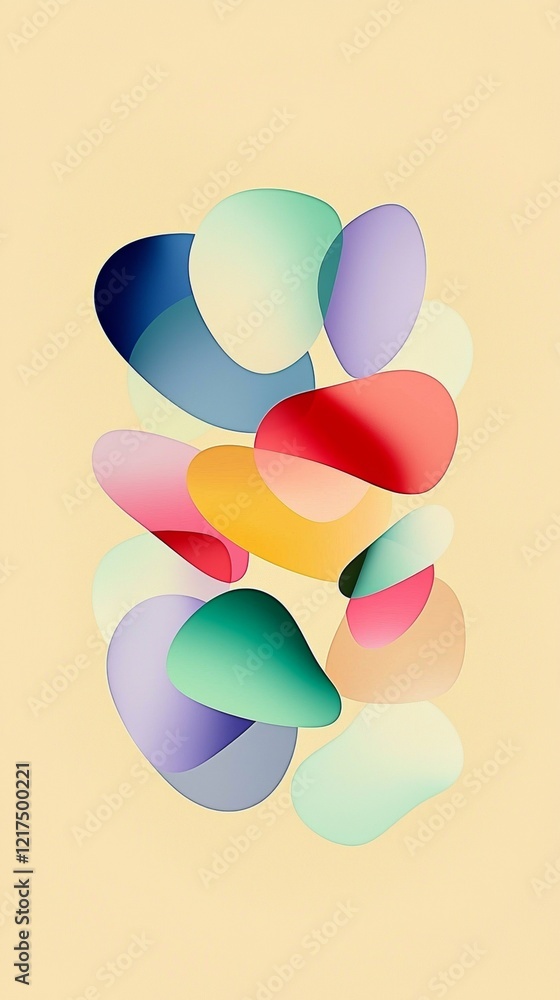 Poster colorful abstract shapes in various sizes and colors are floating against a pastel yellow background