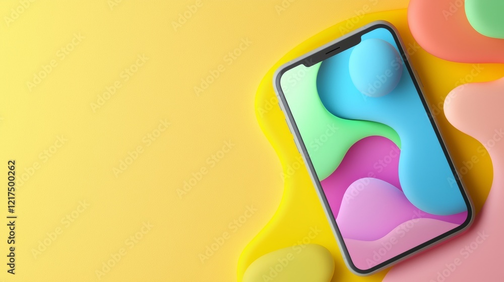 Poster modern smartphone displaying vibrant, abstract design with pastel colors on a yellow background, cre