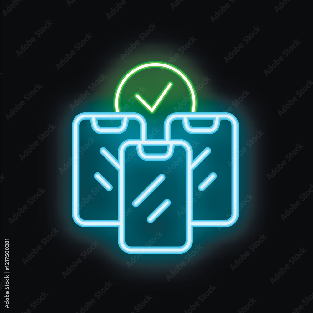 Poster neon sign representing multiple smartphones with a validation check mark symbolizing successful mobi