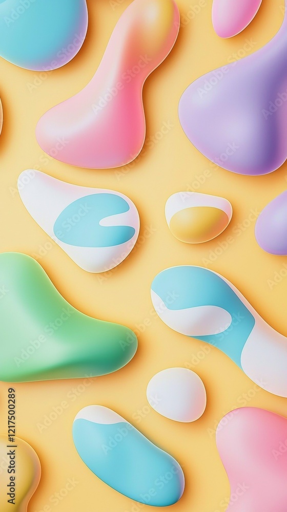 Aufkleber array of vibrant, glossy, irregularly shaped forms in various pastel hues are scattered across a smo