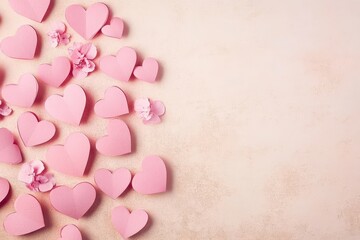 Obraz premium Pink Hearts and Flowers on a Soft Pink Background