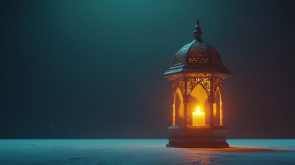 Fototapeta premium Elegant lantern casting warm glow in dark atmosphere, showcasing intricate design and soft candlelight, perfect for creating tranquil and inviting ambiance in various settings.