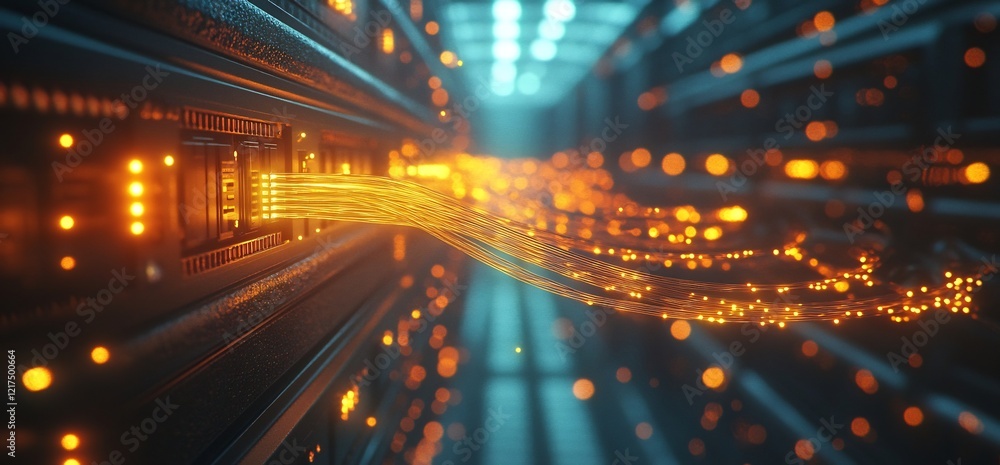 Aufkleber abstract glowing fiber optic cables connect to a server in a futuristic tech setting