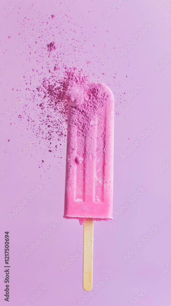 Poster pink ice cream popsicle exploding, scattering crumbs and pieces everywhere on a purple background, c
