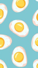 Many delicious appetizing fried eggs with yellow yolk and white forming a seamless pattern on a turquoise background, ideal for food and breakfast related design projects