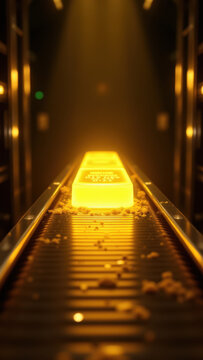 A shot inside a smelting furnace where gold ingots are being produced on a conveyor belt.