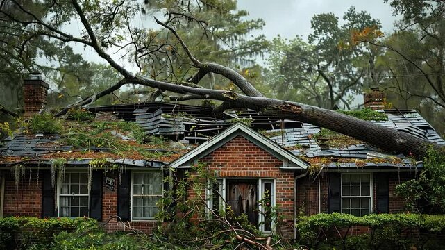 A damaged house surrounded by fallen trees and overgrown foliage.