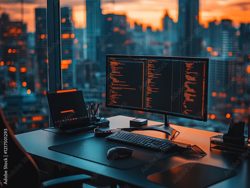 Poster Programmer's Workspace with City View at Sunset