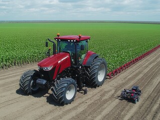 Fototapeta premium Powerful Red Tractor Cultivating Lush Green Field