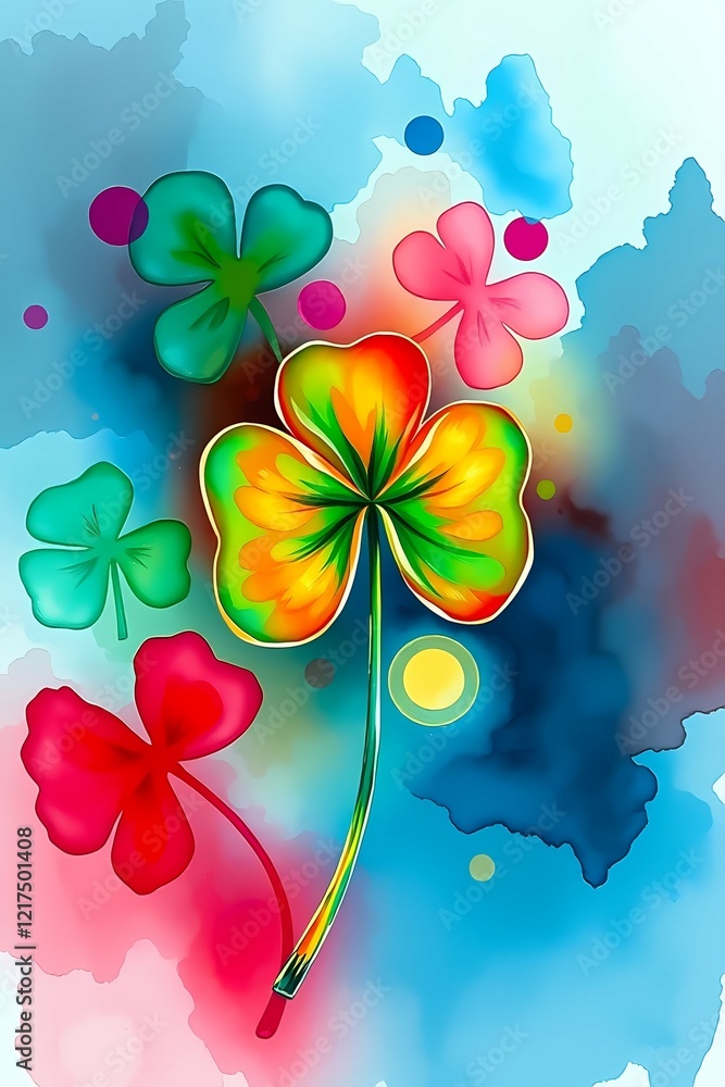 Poster multicolored clovers on a bright abstract background . generative ai