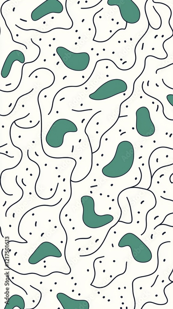 Poster Abstract seamless pattern showcasing vibrant green blobs intertwined with bold black lines and scattered small black dots, creating a dynamic and visually captivating design