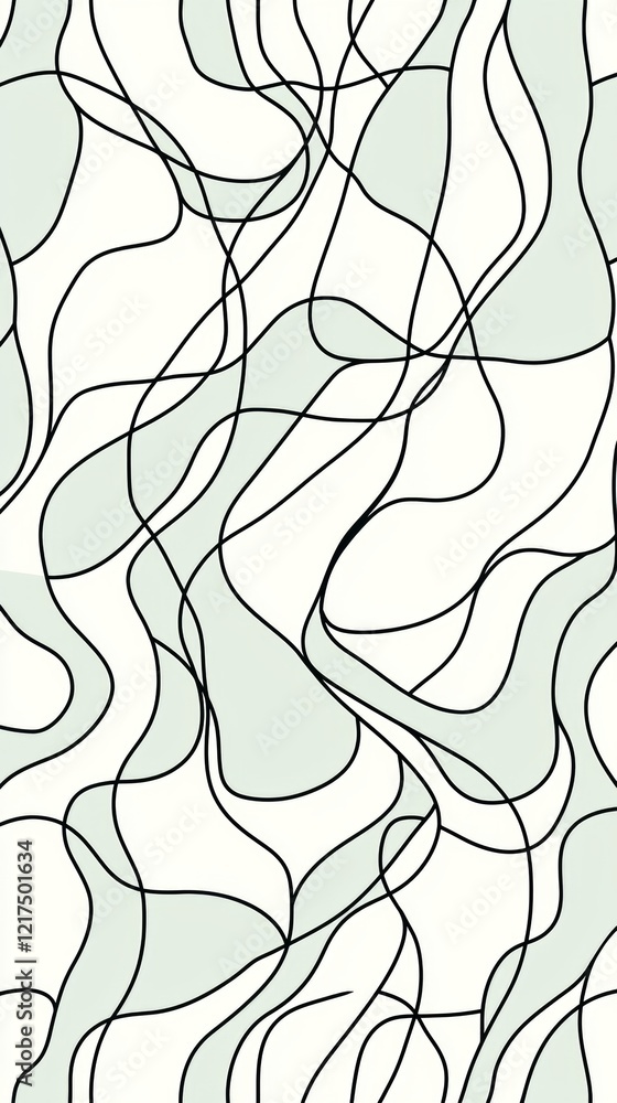 Poster abstract seamless pattern featuring dynamic, intertwining black lines and soft, organic light green 