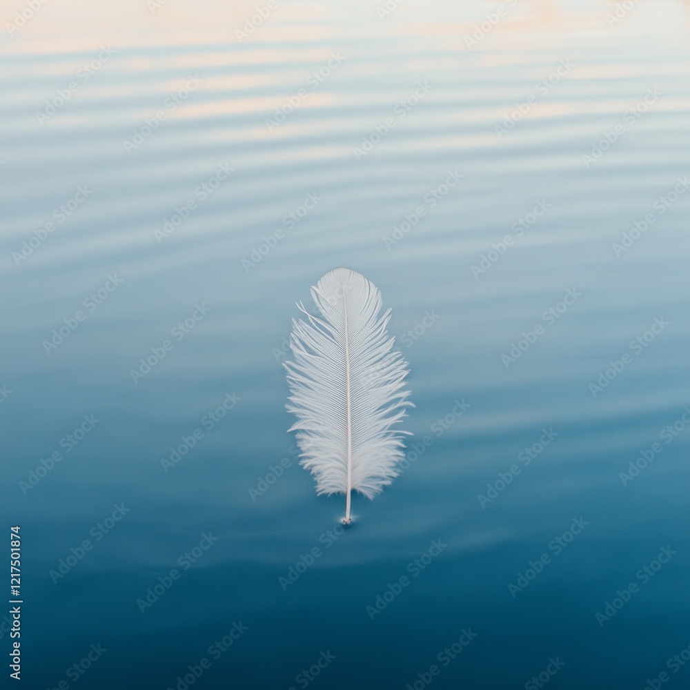 Poster elegant white feather floating on tranquil water surface with soft ripples reflecting calming blue t