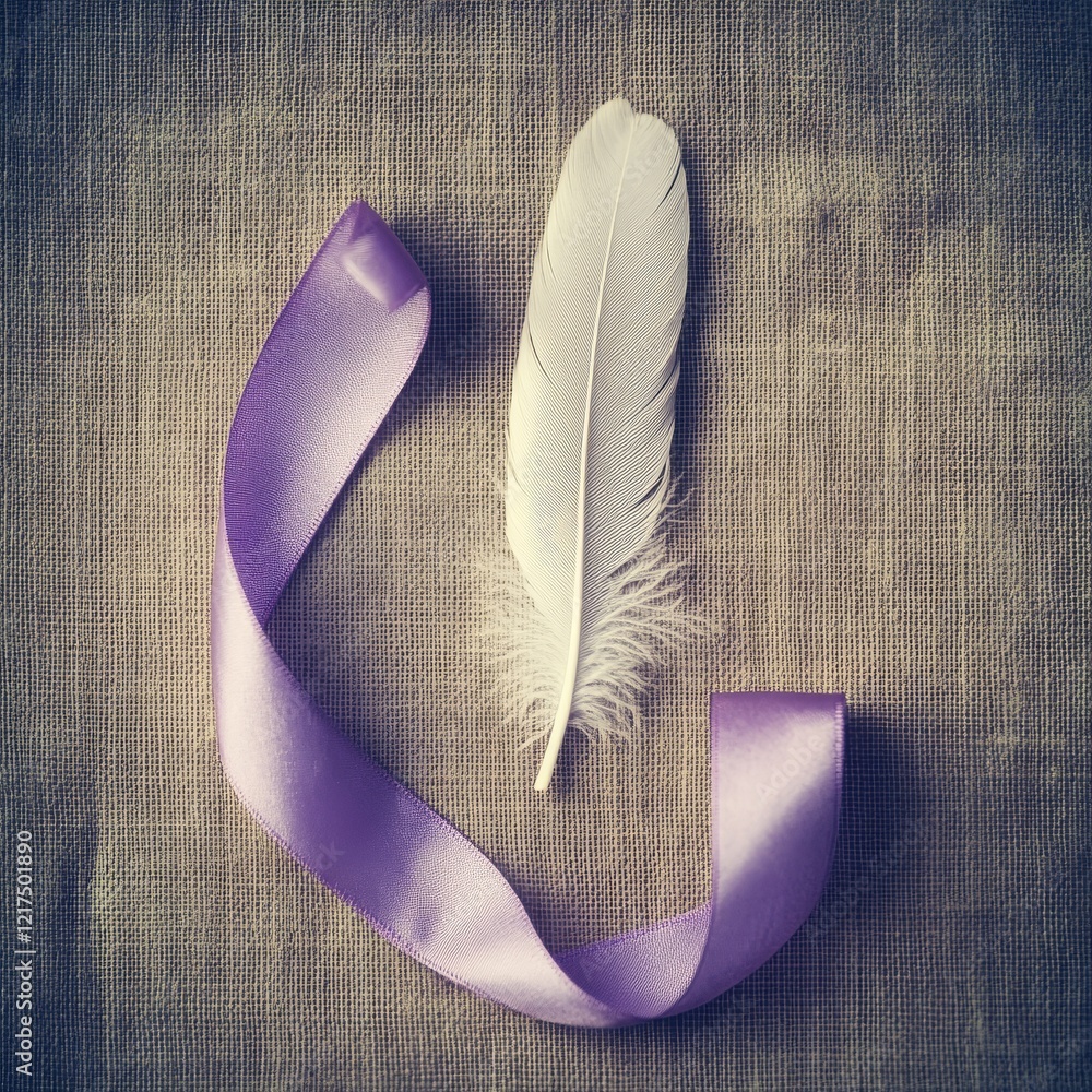 Poster elegant white feather and soft purple ribbon on rustic background creating a serene atmosphere for c