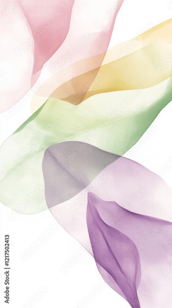 Poster pastel-colored abstract shapes overlapping create a flowing, ethereal background, evoking a sense of
