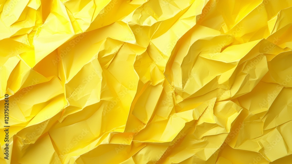 Poster crumpled yellow paper creating a vibrant, textured backdrop, featuring an abstract design with creas