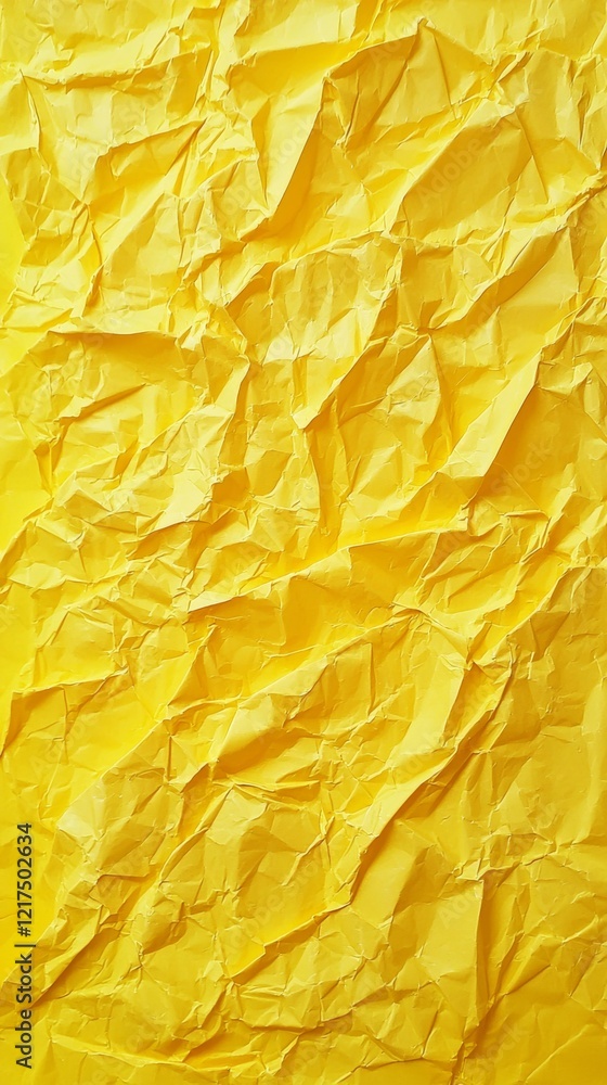 Poster bright yellow crumpled paper forms an abstract textured background, creating a visually interesting 