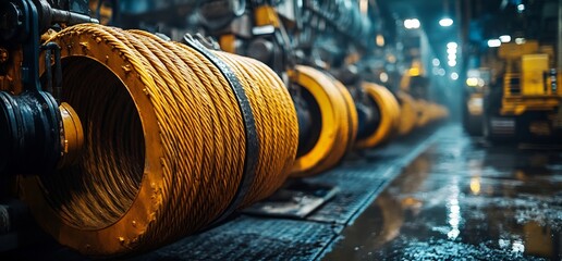 Fototapeta premium Industrial Strength Steel Cables on Spools in a Manufacturing Setting with Heavy Machinery