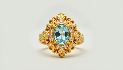 Elegant gold ring with blue gemstone on neutral background