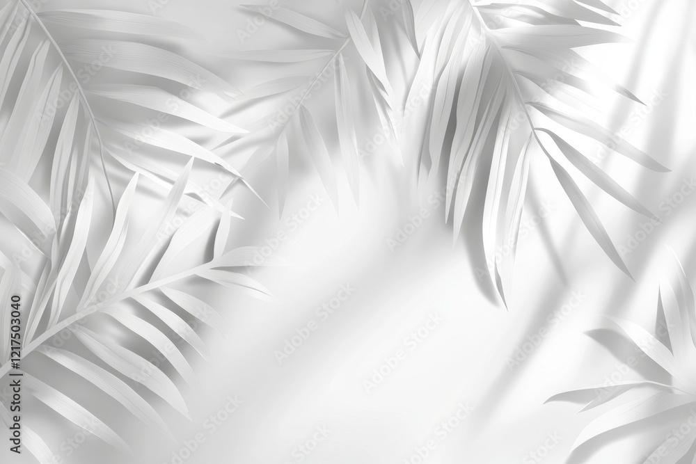 Poster casting shadows on a white background, white palm leaves create a tropical border that frames an emp