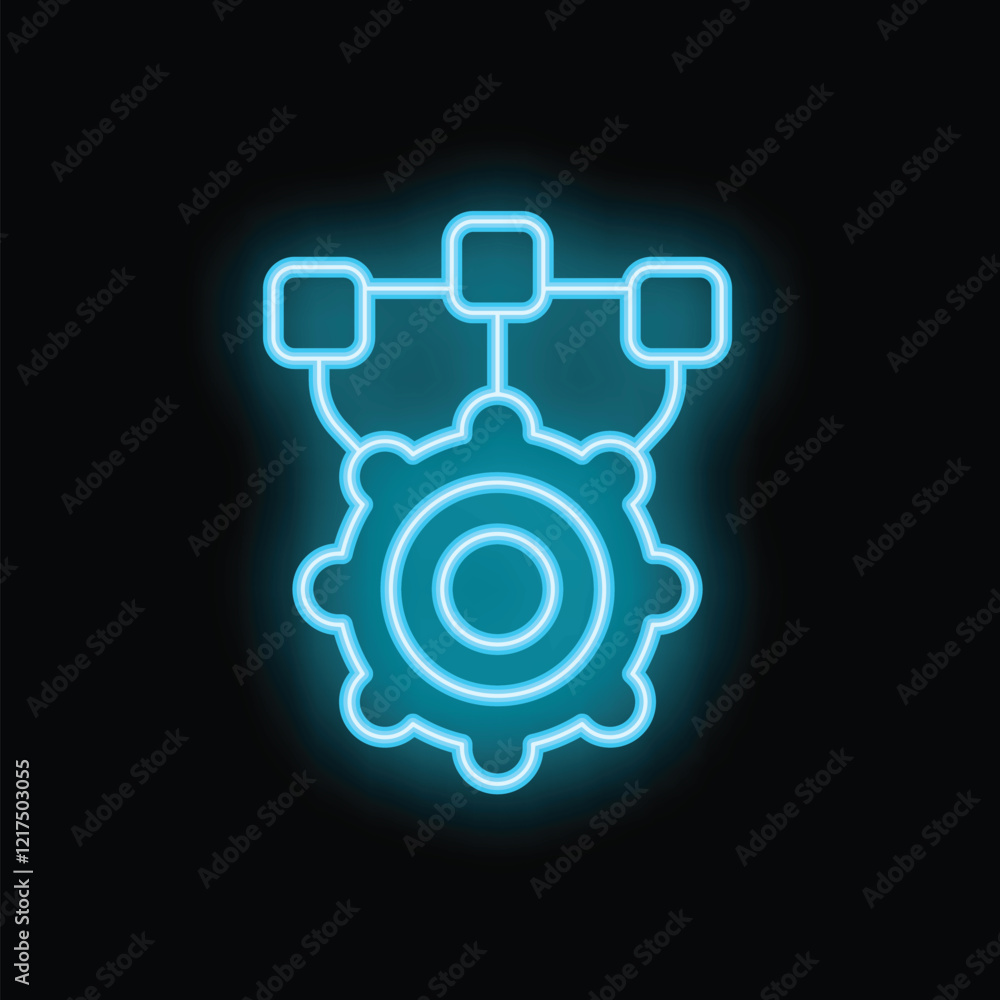 Poster glowing neon icon of a gear connecting to three digital squares on a black background, representing 