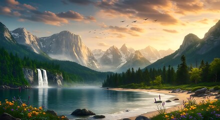 Serene Mountain Lake at Sunset: A Peaceful Landscape Painting