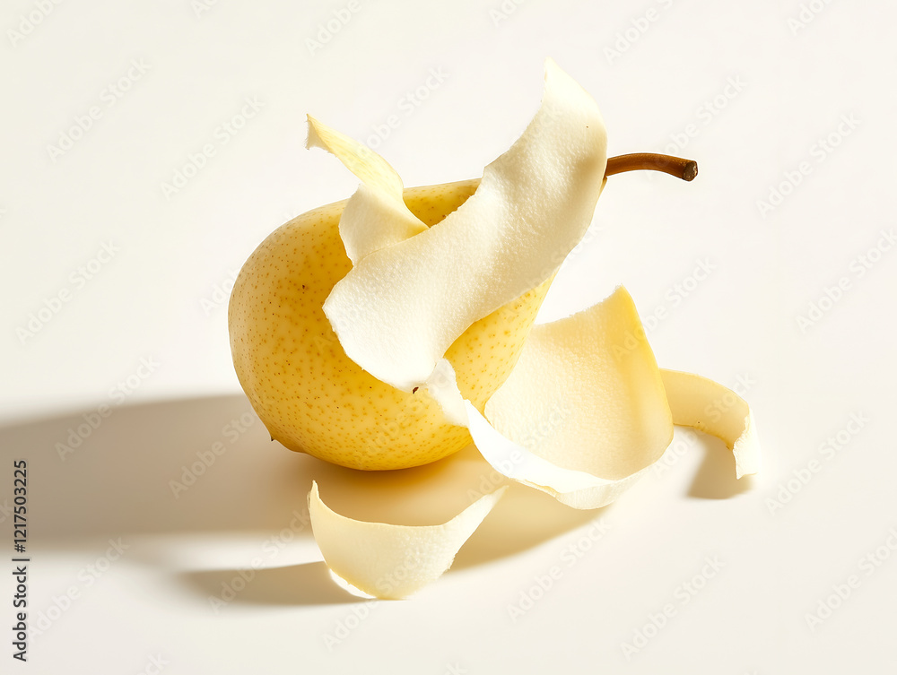 Poster a close-up of a peeled pear with a soft light cast, creating a minimalist and artistic visual, empha