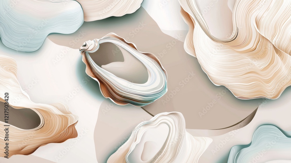 Poster pastel-colored oyster shells are creating a visually appealing abstract design, blending organic sha