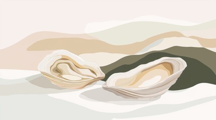 Two open oyster shells lie on a sandy beach, with soft, rolling dunes creating a serene backdrop in neutral, earthy tones, evoking a sense of calm and coastal beauty