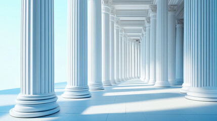 Obraz premium A long hallway with white pillars and a blue sky in the background, Illuminate your space with minimalist hallway design