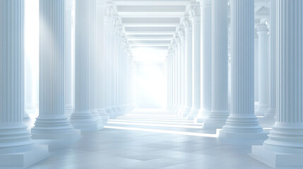 Fototapeta premium A long hallway with white pillars and a blue sky in the background, Illuminate your space with minimalist hallway design